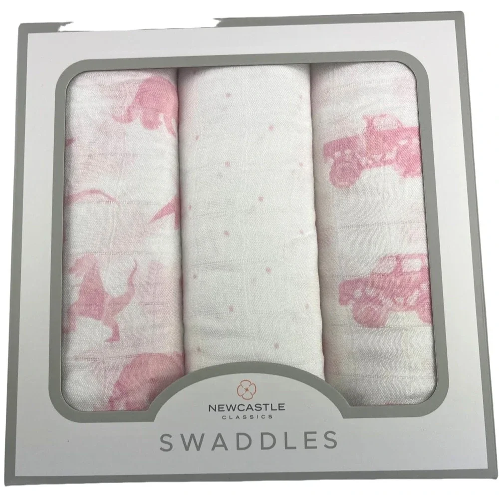 Baby Girl Pink Dinosaur Monster Truck Bamboo Swaddle Blanket Set 3pc Rayon‎ Soft